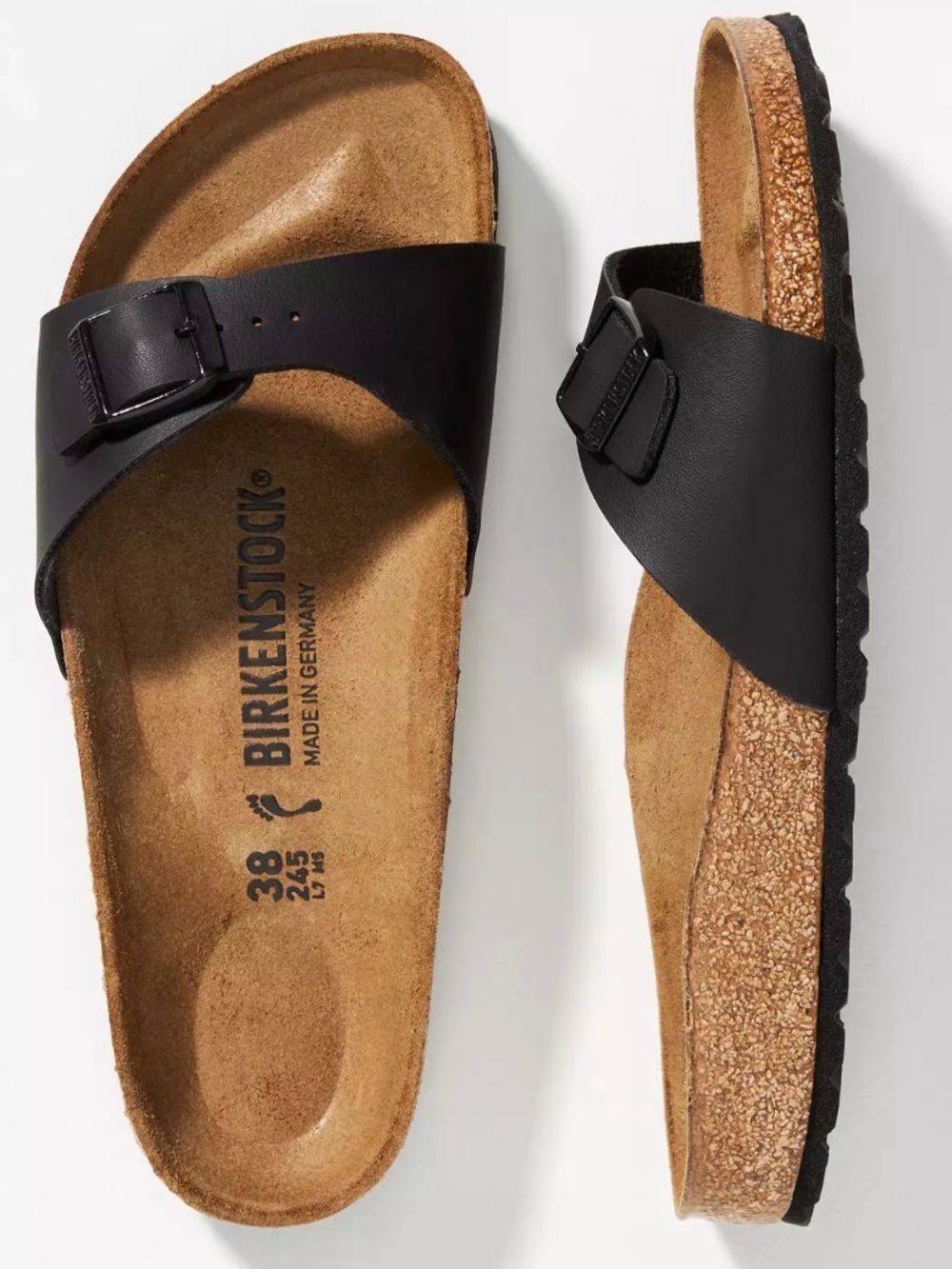 Birkenstock Madrid Black Single-Strap Leather Slide Sandals. 37/7